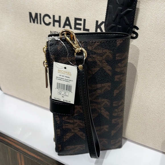 MICHAEL KORS LARGE DOUBLE ZIP WRISTLET WALLET BLACK MULTI - Picture 14 of 16